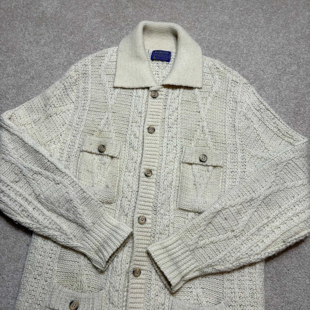 Vtg Pendleton Cardigan Sweater Mens XL Fits L White Wool Aran Cable Knit USA 70s - Picture 7 of 10